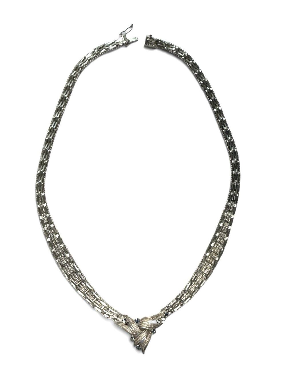 Ricco Necklace 925 ITALY Sterling Silver 16” Sapphire Stones Leaf Accent